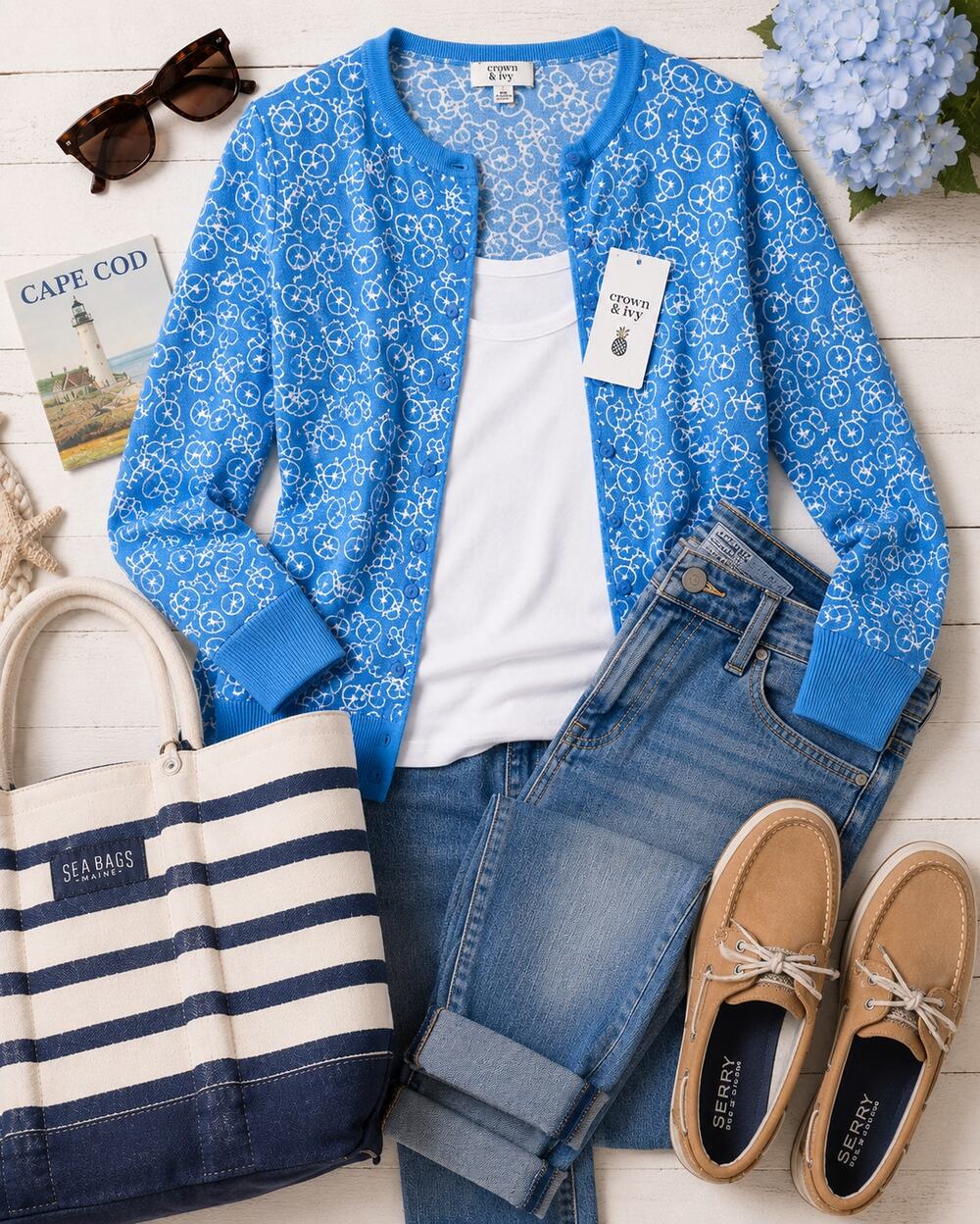 Crown & Ivy Blue Bicycle Print Cardigan Sweater Medium NWT Preppy Coastal
